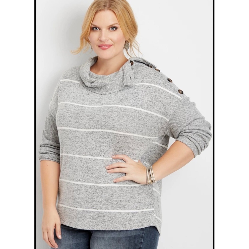24/7 Maurices Women's Gray Striped Cowl Neck Button Shoulder Sweater XXL‎